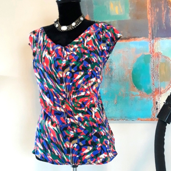 Michael Kors Bold Print Semi Sheer Blouse Draped Neckline Multi Color Size L - Picture 3 of 9